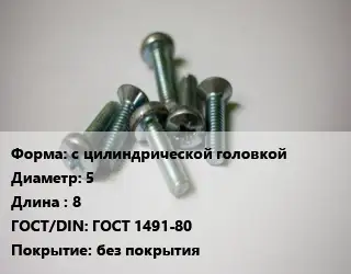 Винт с цилиндрической головкой 5х8 ГОСТ 1491-80 без покрытия